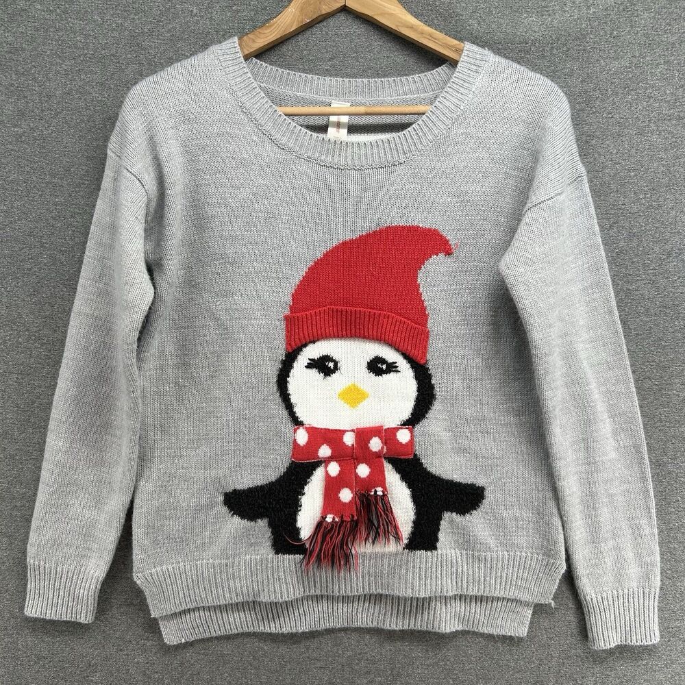 No Boundaries Sweater Juniors Medium 7-9 Grey Penguin Scarf Red Hat Striped Back
